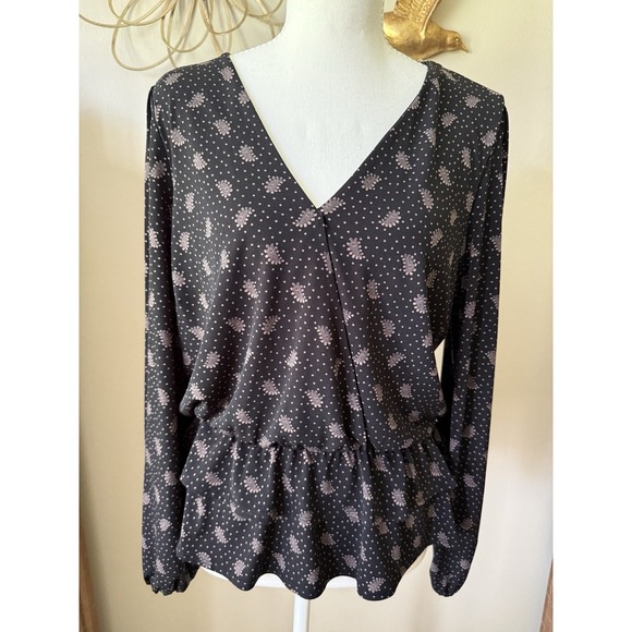 Gilli Tops - Gilli Peplum Blouse Womens L Black Pink Paisley Polka Dot V Neck Long Sleeve